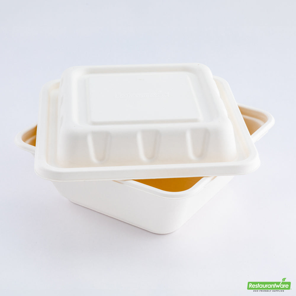 Wholesale Restaurantware Pulp Safe No PFAS Added Square White Sugarcane / Bagasse Serving Bowl Lid - Home Compostable, Fits 160 oz- Bulk
