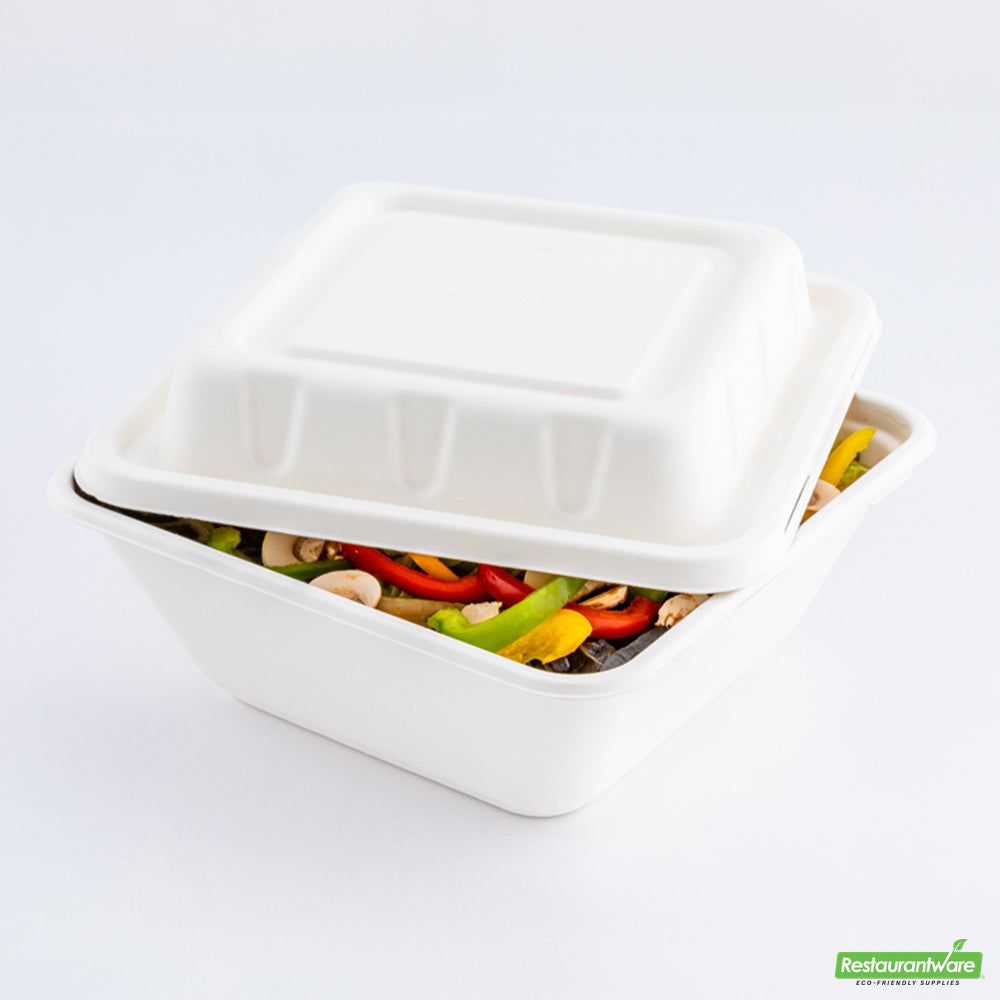 Wholesale Restaurantware Pulp Safe No PFAS Added Square White Sugarcane / Bagasse Serving Bowl Lid - Home Compostable, Fits 160 oz- Bulk
