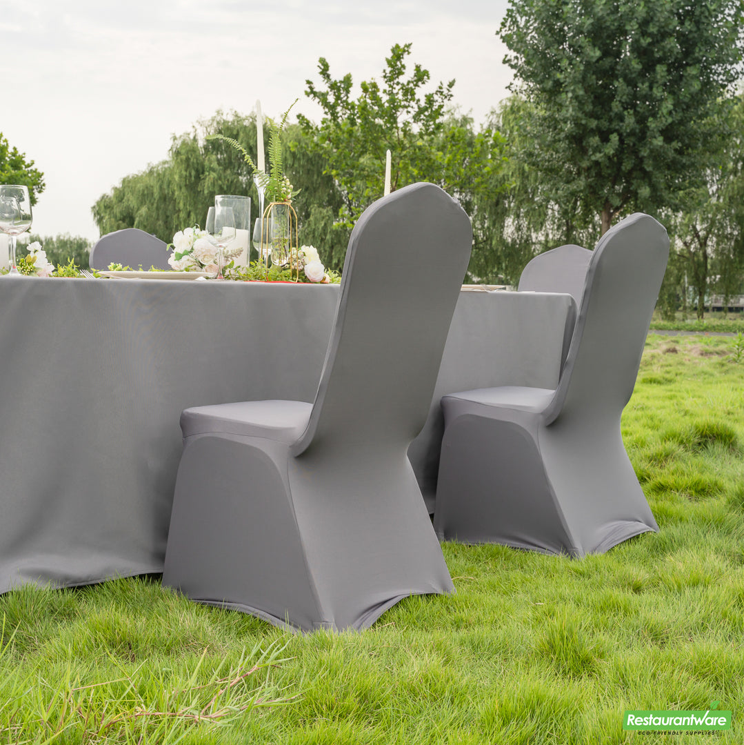 Wholesale Restaurantware Table Tek Gray Spandex Banquet Chair Cover - Universal, Stretch- Bulk