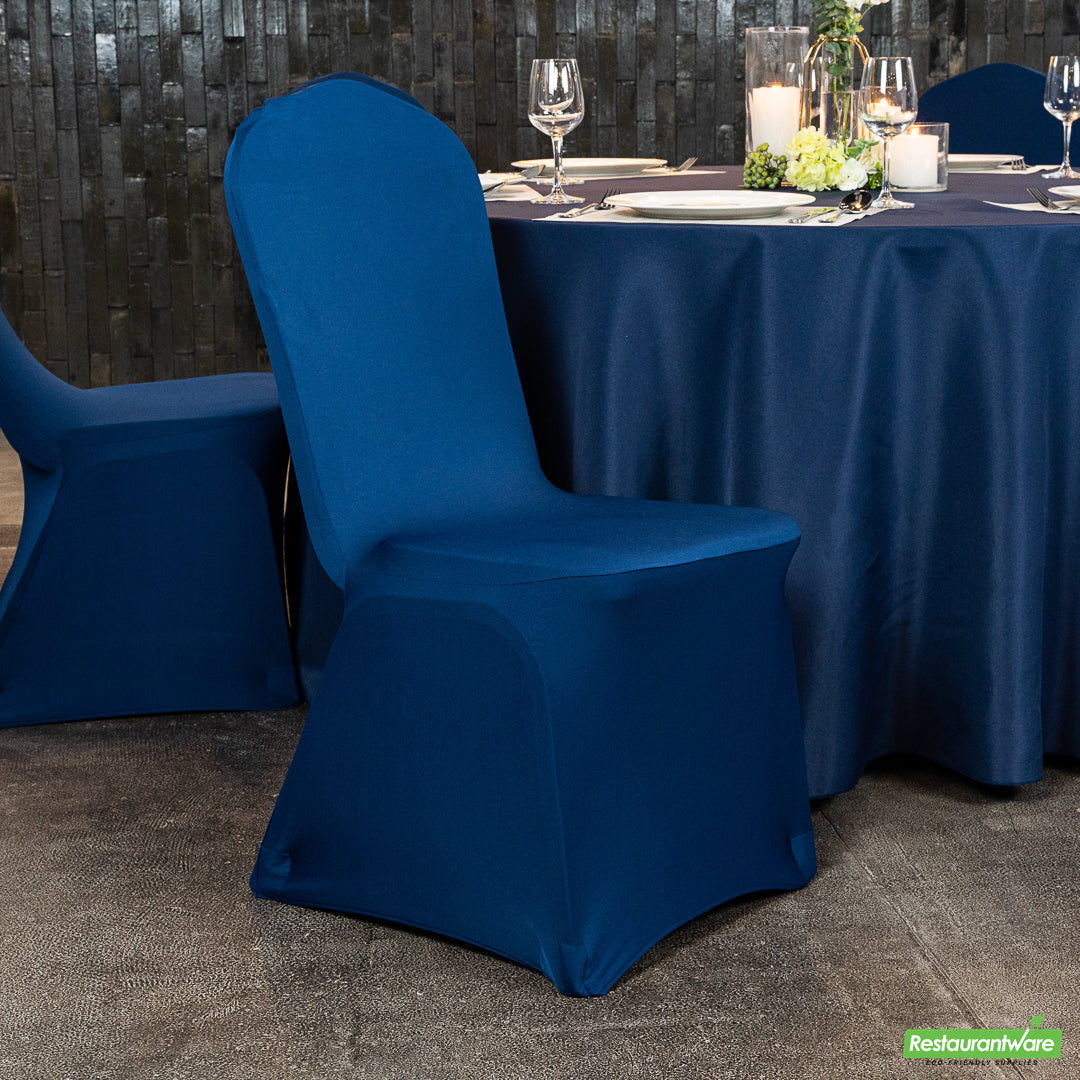 Wholesale Restaurantware Table Tek Blue Spandex Banquet Chair Cover - Universal, Stretch- Bulk