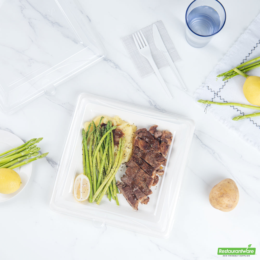 Wholesale Restaurantware Pulp Safe Square Clear Plastic Dome Lid - Fits Sugarcane / Bagasse Large Plate- Bulk
