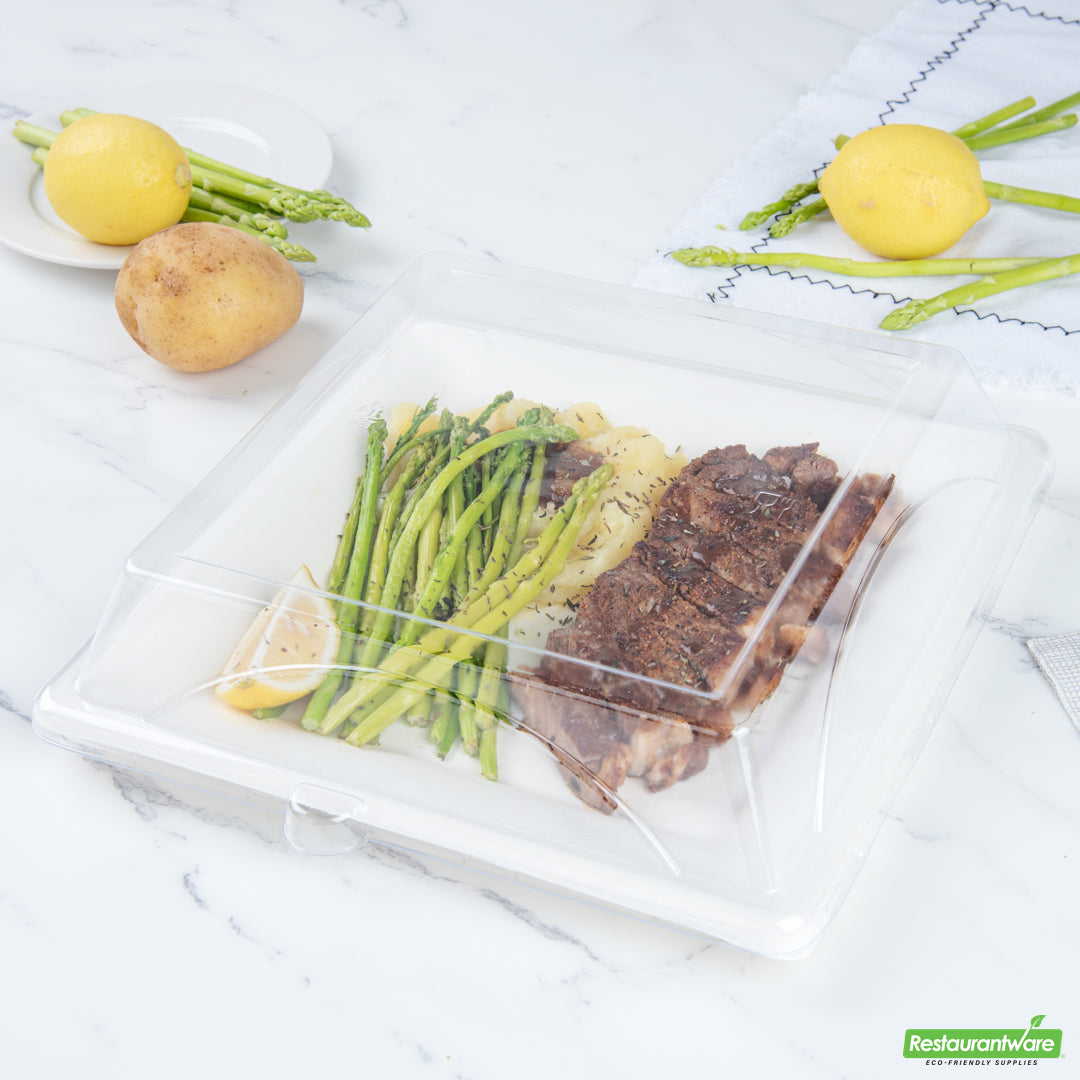 Wholesale Restaurantware Pulp Safe Square Clear Plastic Dome Lid - Fits Sugarcane / Bagasse Large Plate- Bulk