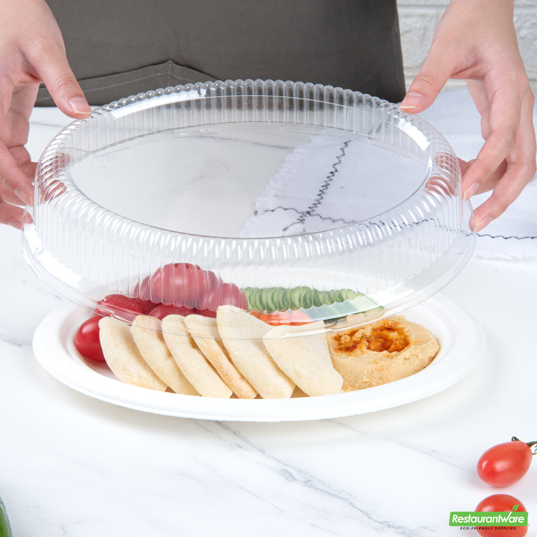 Wholesale Restaurantware Pulp Safe Oval Clear Plastic Ripple Dome Lid - Fits Sugarcane / Bagasse Plate- Bulk