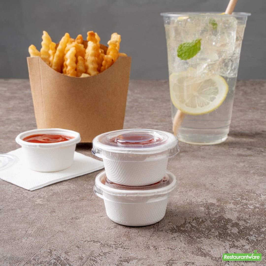 Wholesale Restaurantware Pulp Tek Round Clear Plastic Lid - Fits 2 Oz Take Out Portion Cup- Bulk