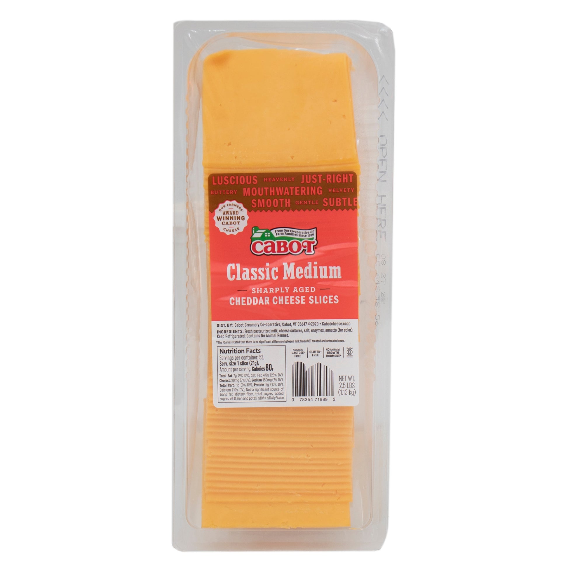 Wholesale Cabot Creamery Medium Yellow Cheddar Cheese Slices 2.5lb- Bulk