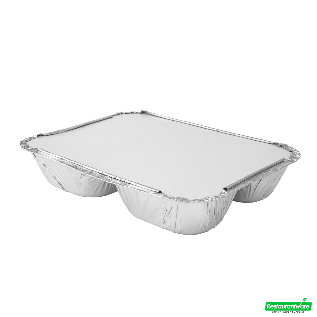 Wholesale Restaurantware Foil Lux Rectangle White Paper Flat Foil-Laminated Board Lid - Fits 3-Compartment Take Out Tray- Bulk