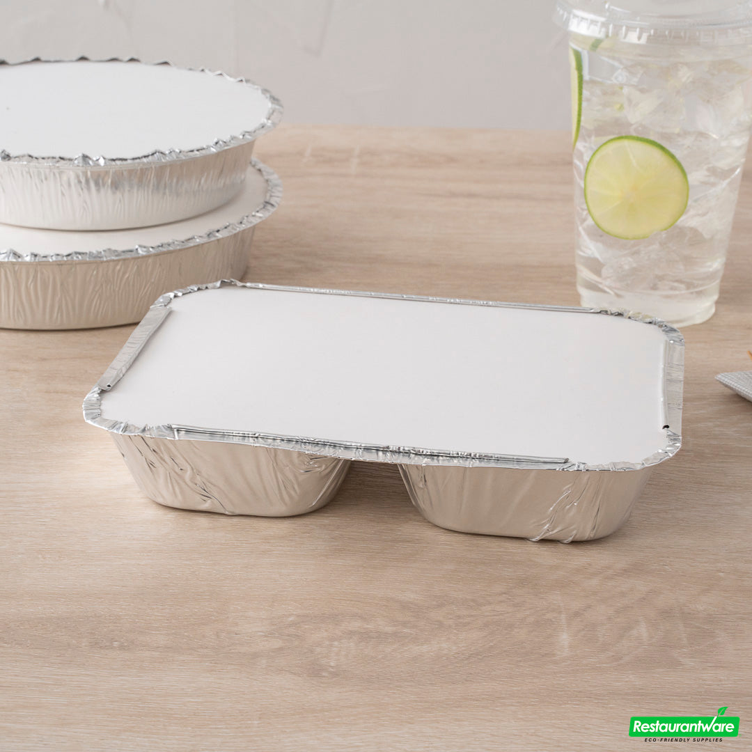 Wholesale Restaurantware Foil Lux Rectangle White Paper Flat Foil-Laminated Board Lid - Fits 3-Compartment Take Out Tray- Bulk