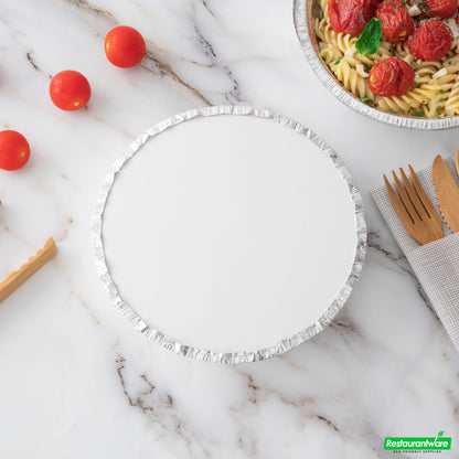 Wholesale Restaurantware Foil Lux Round White Paper Flat Foil-Laminated Board Lid - Fits 7" Take Out Pan- Bulk