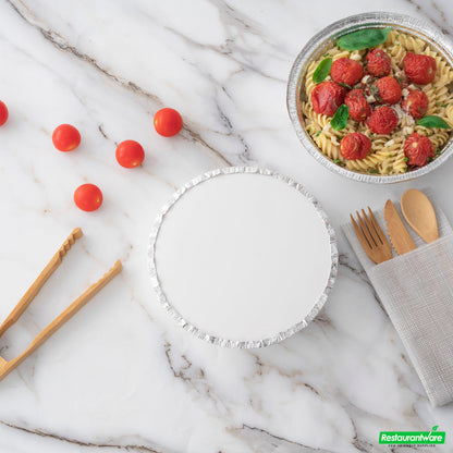Wholesale Restaurantware Foil Lux Round White Paper Flat Foil-Laminated Board Lid - Fits 7" Take Out Pan- Bulk