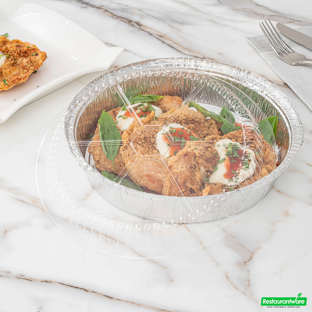 Wholesale Restaurantware Foil Lux Round Clear Plastic Dome Lid - Fits 9" Take Out Pan- Bulk
