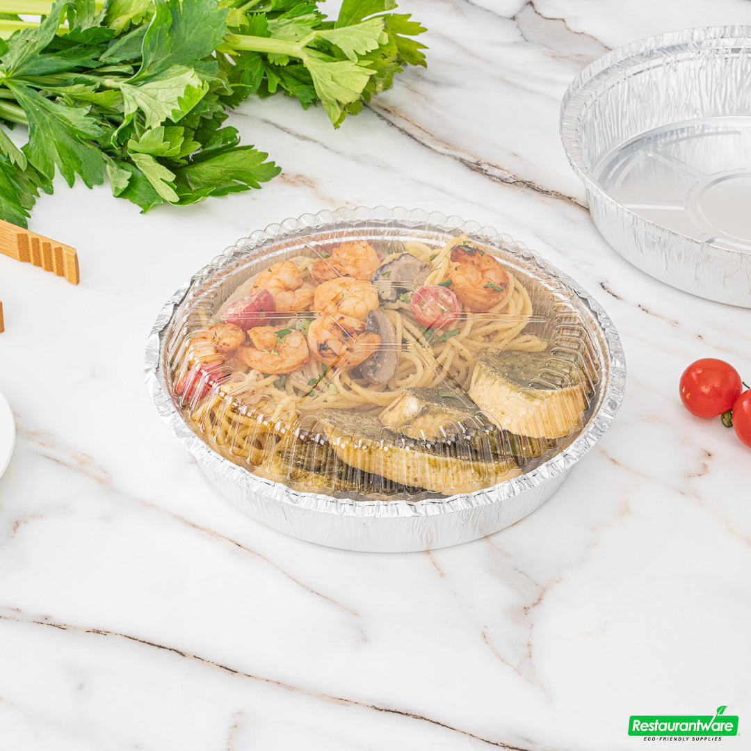Wholesale Restaurantware Foil Lux Round Clear Plastic Dome Lid - Fits 8" Take Out Pan- Bulk