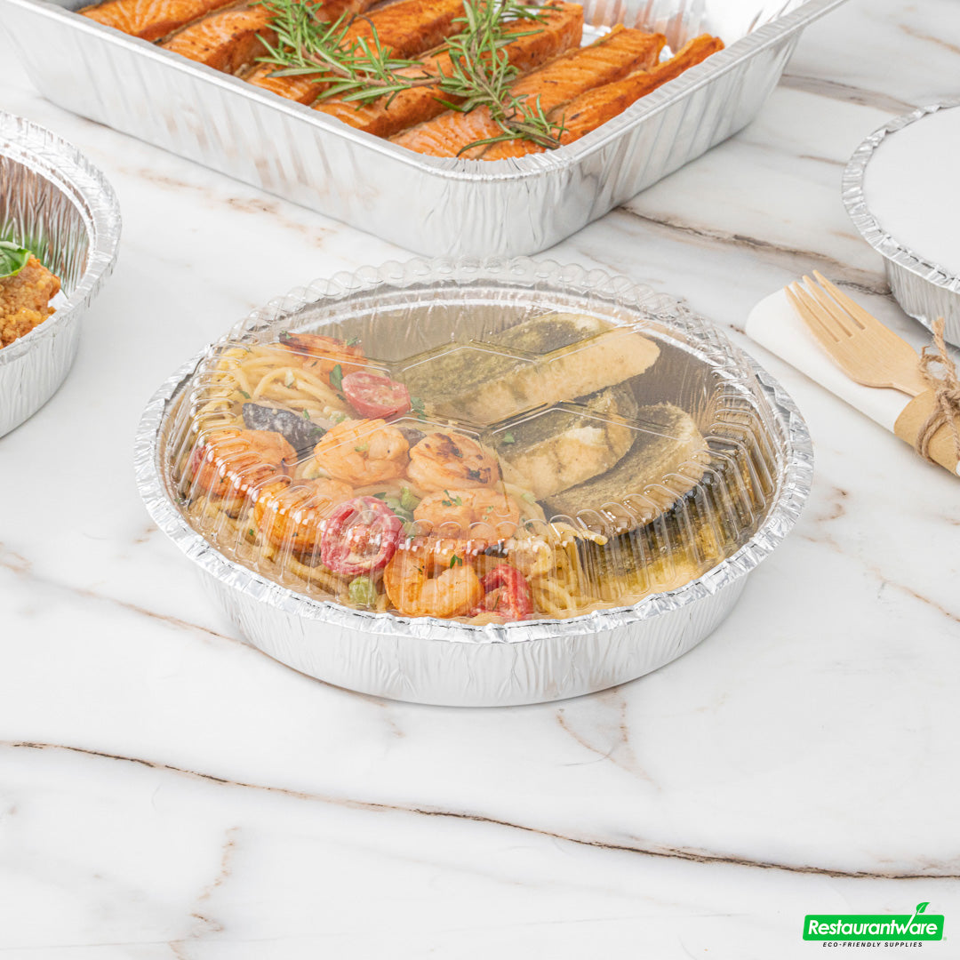 Wholesale Restaurantware Foil Lux Round Clear Plastic Dome Lid - Fits 8" Take Out Pan- Bulk
