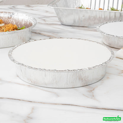 Wholesale Restaurantware Foil Lux Round White Paper Flat Foil-Laminated Board Lid - Fits 8" Take Out Pan- Bulk