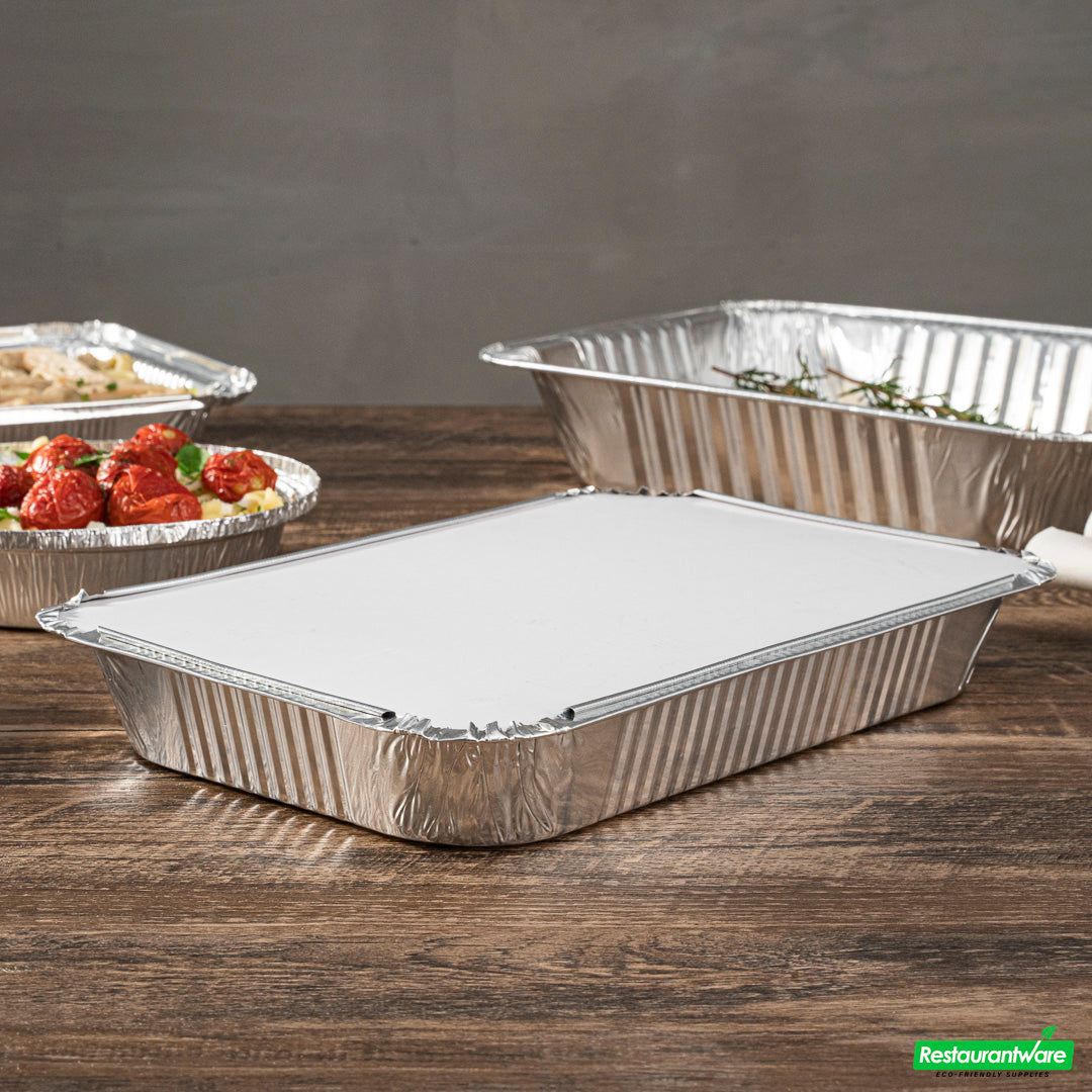 Wholesale Restaurantware Foil Lux White Paper Flat Foil-Laminated Board Lid - Fits 4 lb Take Out Container- Bulk
