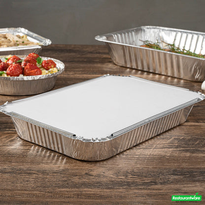 Wholesale Restaurantware Foil Lux White Paper Flat Foil-Laminated Board Lid - Fits 4 lb Take Out Container- Bulk