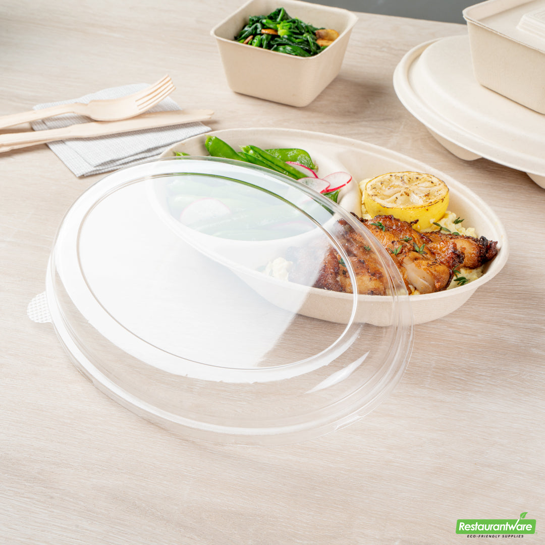 Wholesale Restaurantware Pulp Tek Oval Clear Plastic Lid - Fits 2-Compartment Bagasse Catering Bowl- Bulk