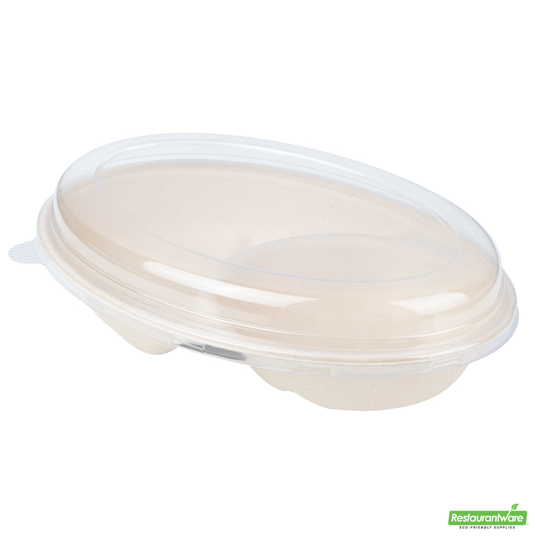 Wholesale Restaurantware Pulp Tek Oval Clear Plastic Lid - Fits 2-Compartment Bagasse Catering Bowl- Bulk