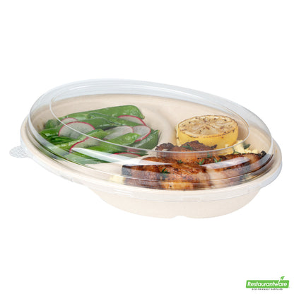 Wholesale Restaurantware Pulp Tek Oval Clear Plastic Lid - Fits 2-Compartment Bagasse Catering Bowl- Bulk