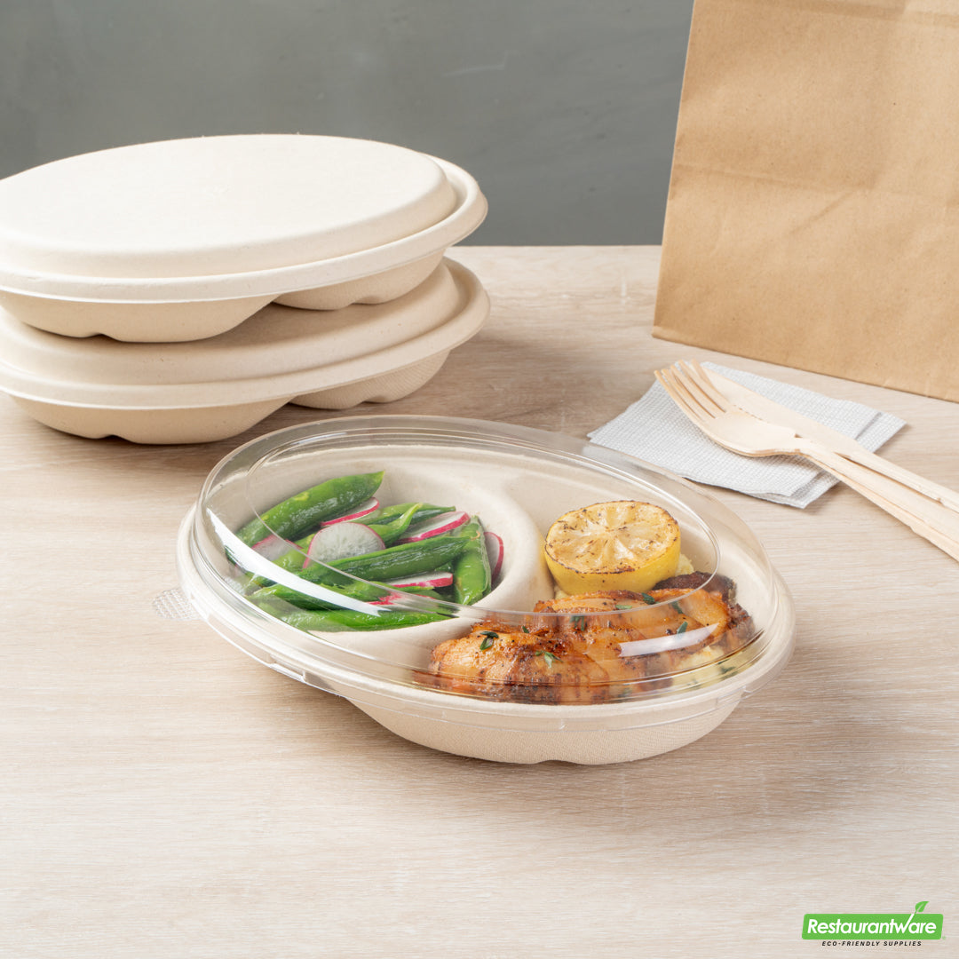 Wholesale Restaurantware Pulp Tek Oval Clear Plastic Lid - Fits 2-Compartment Bagasse Catering Bowl- Bulk