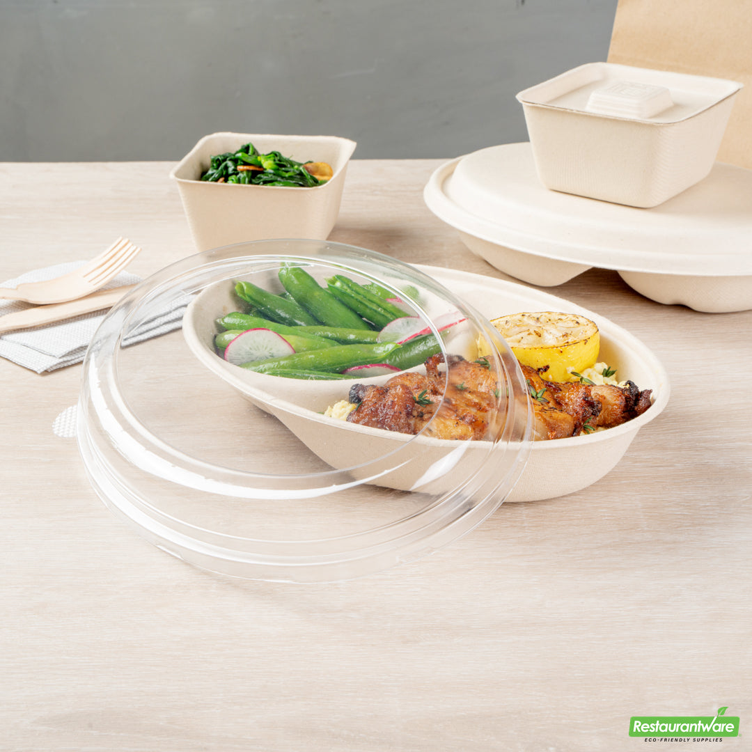 Wholesale Restaurantware Pulp Tek Oval Clear Plastic Lid - Fits 2-Compartment Bagasse Catering Bowl- Bulk