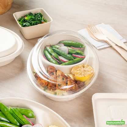 Wholesale Restaurantware Pulp Tek Oval Clear Plastic Lid - Fits 2-Compartment Bagasse Catering Bowl- Bulk
