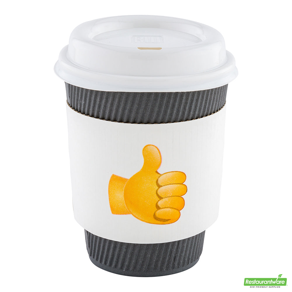 Wholesale Restaurantware Restpresso White Paper Thumbs Up Emoji Coffee Cup Sleeve - Fits 12 / 16 / 20 oz Cups- Bulk
