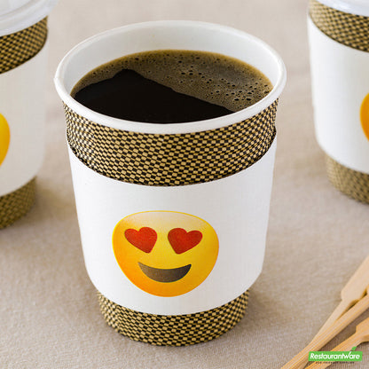 Wholesale Restaurantware Restpresso White Paper Heart Eyes Emoji Coffee Cup Sleeve - Fits 12 / 16 / 20 oz Cups- Bulk