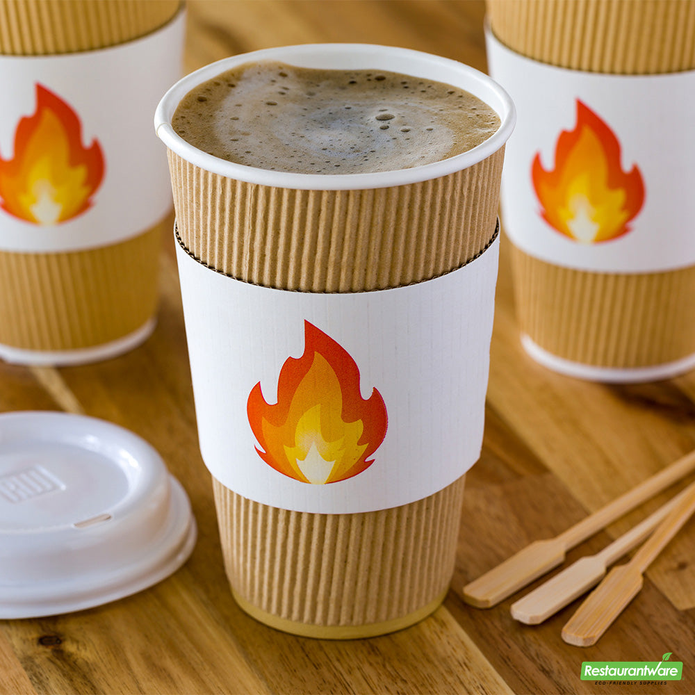 Wholesale Restaurantware Restpresso White Paper Fire Emoji Coffee Cup Sleeve - Fits 12 / 16 / 20 oz Cups- Bulk