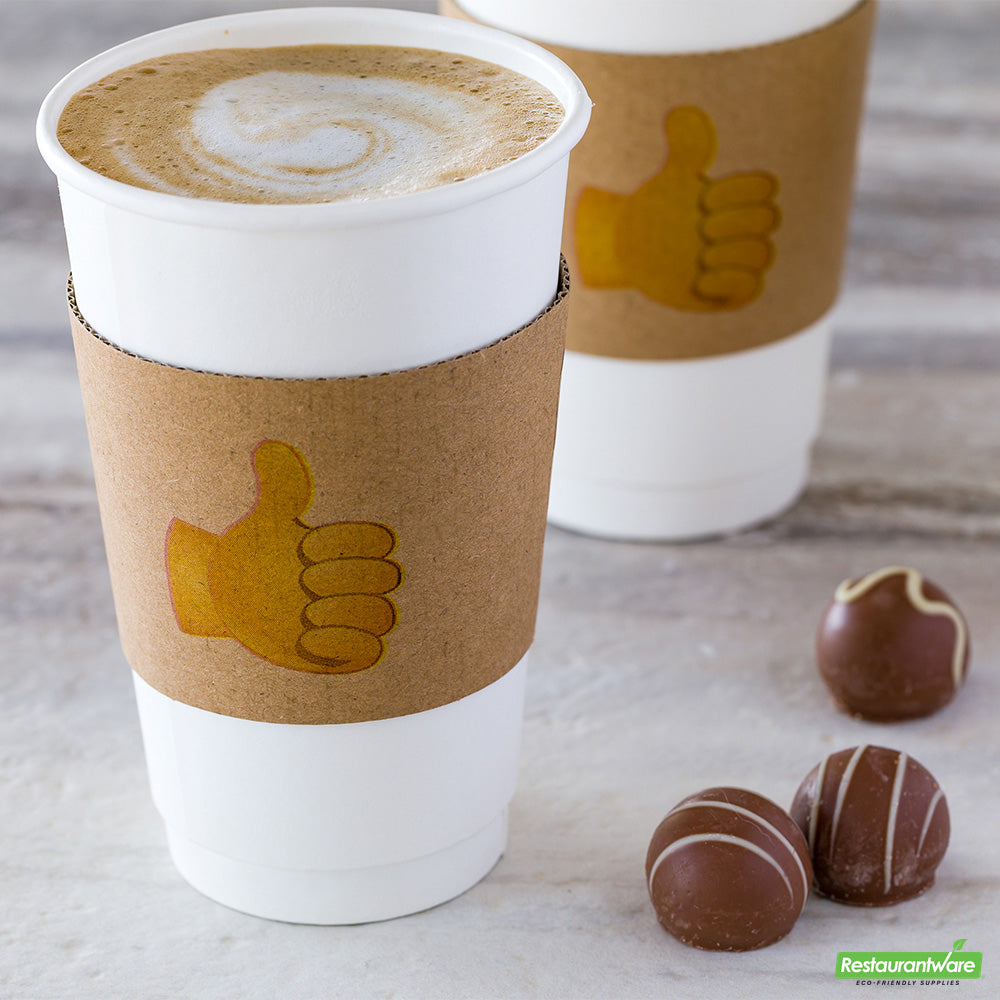 Wholesale Restaurantware Restpresso Kraft Paper Thumbs Up Emoji Coffee Cup Sleeve - Fits 12 / 16 / 20 oz Cups- Bulk