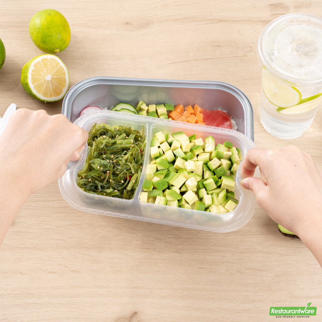 Wholesale Restaurantware Futura 17 oz Clear Plastic 2-Compartment Insert Tray - Fits 46 oz Container, Microwavable- Bulk