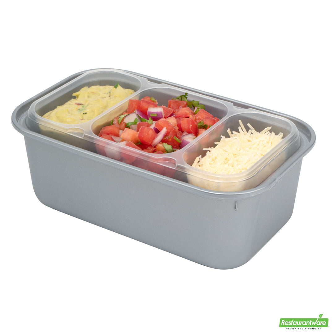 Wholesale Restaurantware Futura 15 oz Clear Plastic Heavy Duty 3-Compartment Insert Tray - Fits 24, 34 and 44 oz Containers, Microwavable- Bulk