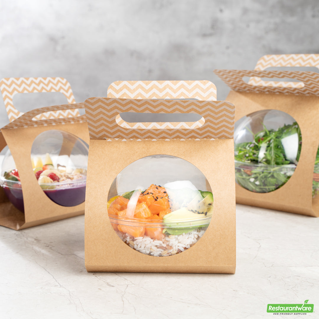 Wholesale Restaurantware Thermo Tek Kraft Paper Sphere Salad Container Carrier - Fits 21 oz- Bulk