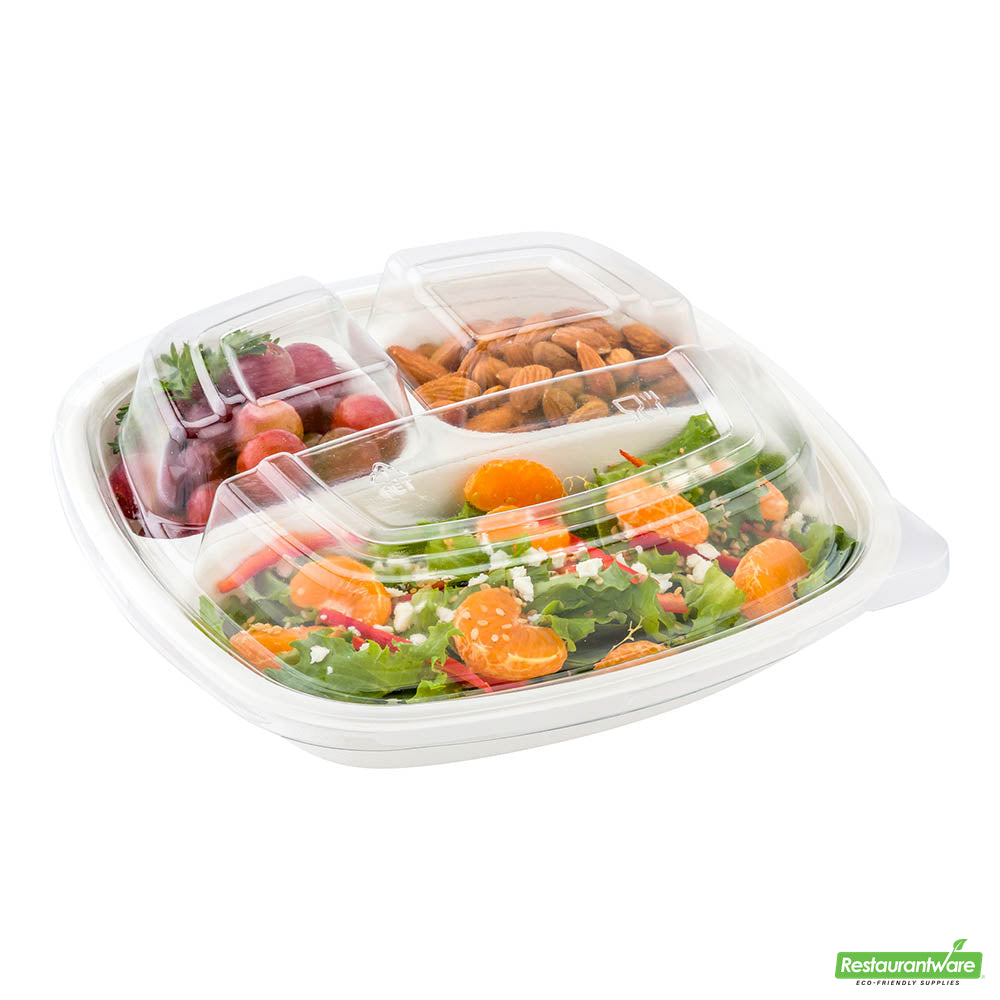 Wholesale Restaurantware Pulp Tek Square Clear Plastic Dome Lid - Fits 3 Compartment Bagasse Salad Plate- Bulk