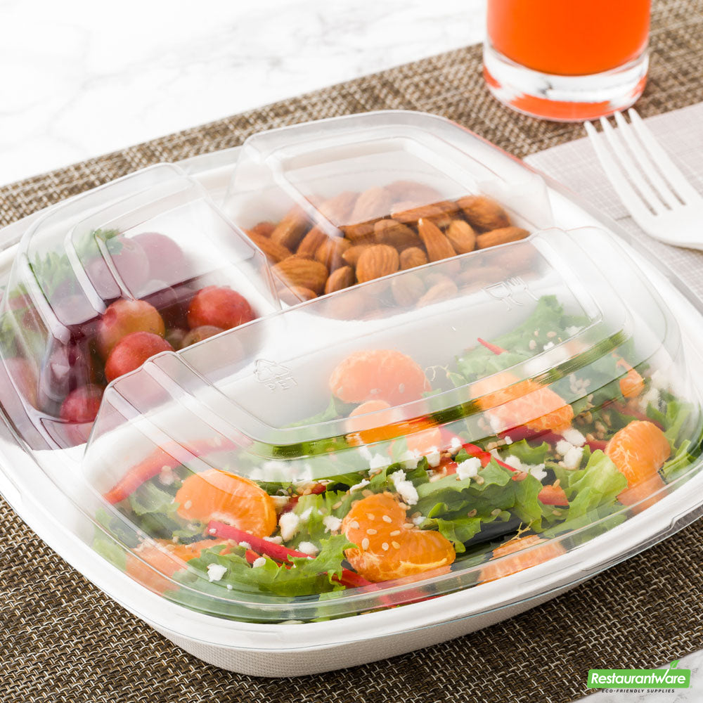 Wholesale Restaurantware Pulp Tek Square Clear Plastic Dome Lid - Fits 3 Compartment Bagasse Salad Plate- Bulk