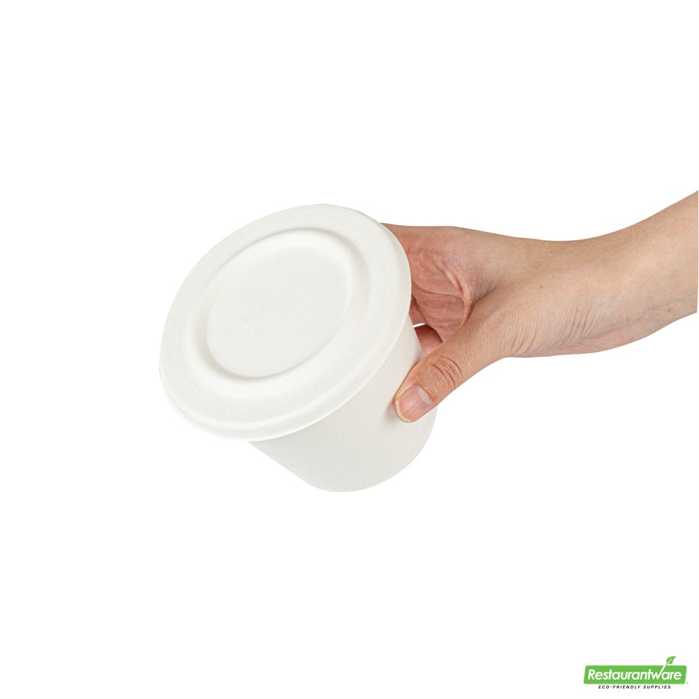 Wholesale Restaurantware Pulp Safe No PFAS Added Round White Sugarcane / Bagasse Lid - Home Compostable, Fits 15 oz Soup Cup- Bulk