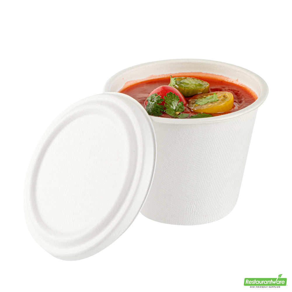 Wholesale Restaurantware Pulp Safe No PFAS Added Round White Sugarcane / Bagasse Lid - Home Compostable, Fits 15 oz Soup Cup- Bulk