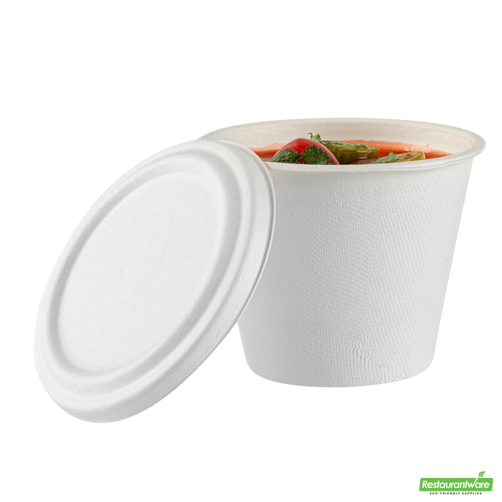 Wholesale Restaurantware Pulp Safe No PFAS Added Round White Sugarcane / Bagasse Lid - Home Compostable, Fits 15 oz Soup Cup- Bulk