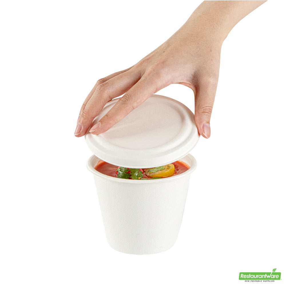 Wholesale Restaurantware Pulp Safe No PFAS Added Round White Sugarcane / Bagasse Lid - Home Compostable, Fits 15 oz Soup Cup- Bulk