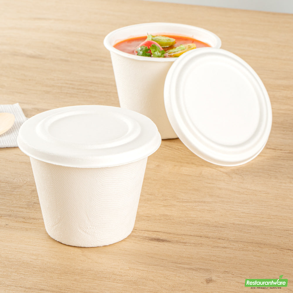 Wholesale Restaurantware Pulp Safe No PFAS Added Round White Sugarcane / Bagasse Lid - Home Compostable, Fits 15 oz Soup Cup- Bulk