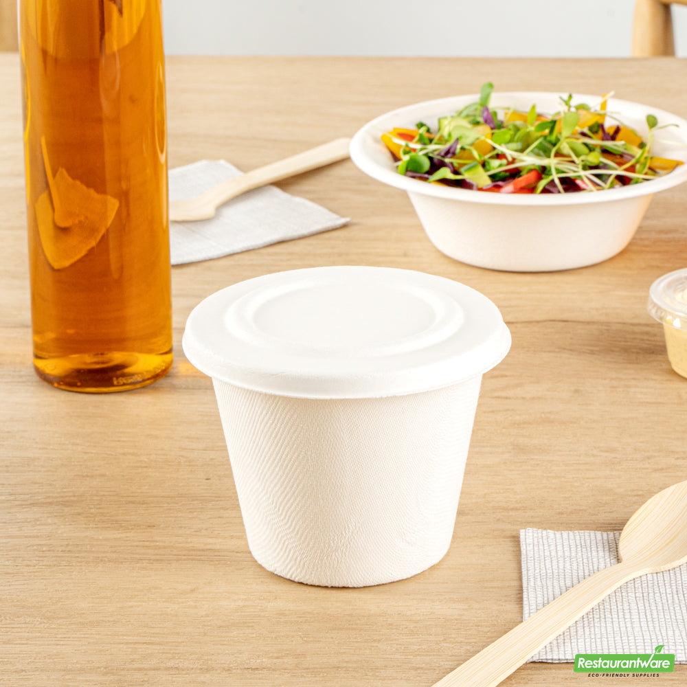 Wholesale Restaurantware Pulp Safe No PFAS Added Round White Sugarcane / Bagasse Lid - Home Compostable, Fits 15 oz Soup Cup- Bulk