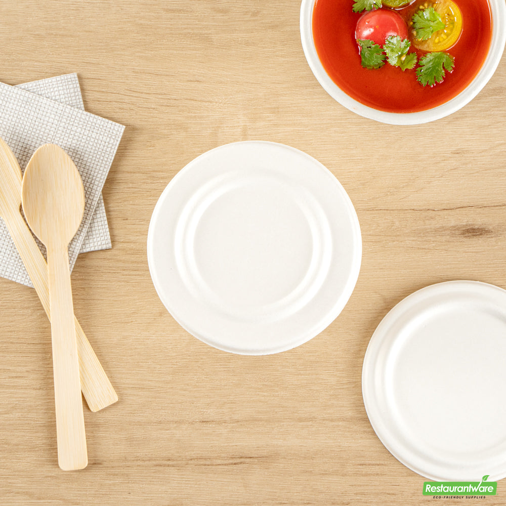 Wholesale Restaurantware Pulp Safe No PFAS Added Round White Sugarcane / Bagasse Lid - Home Compostable, Fits 15 oz Soup Cup- Bulk