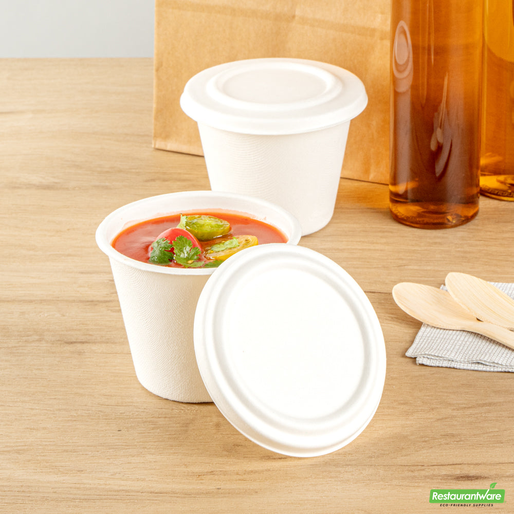 Wholesale Restaurantware Pulp Safe No PFAS Added Round White Sugarcane / Bagasse Lid - Home Compostable, Fits 15 oz Soup Cup- Bulk