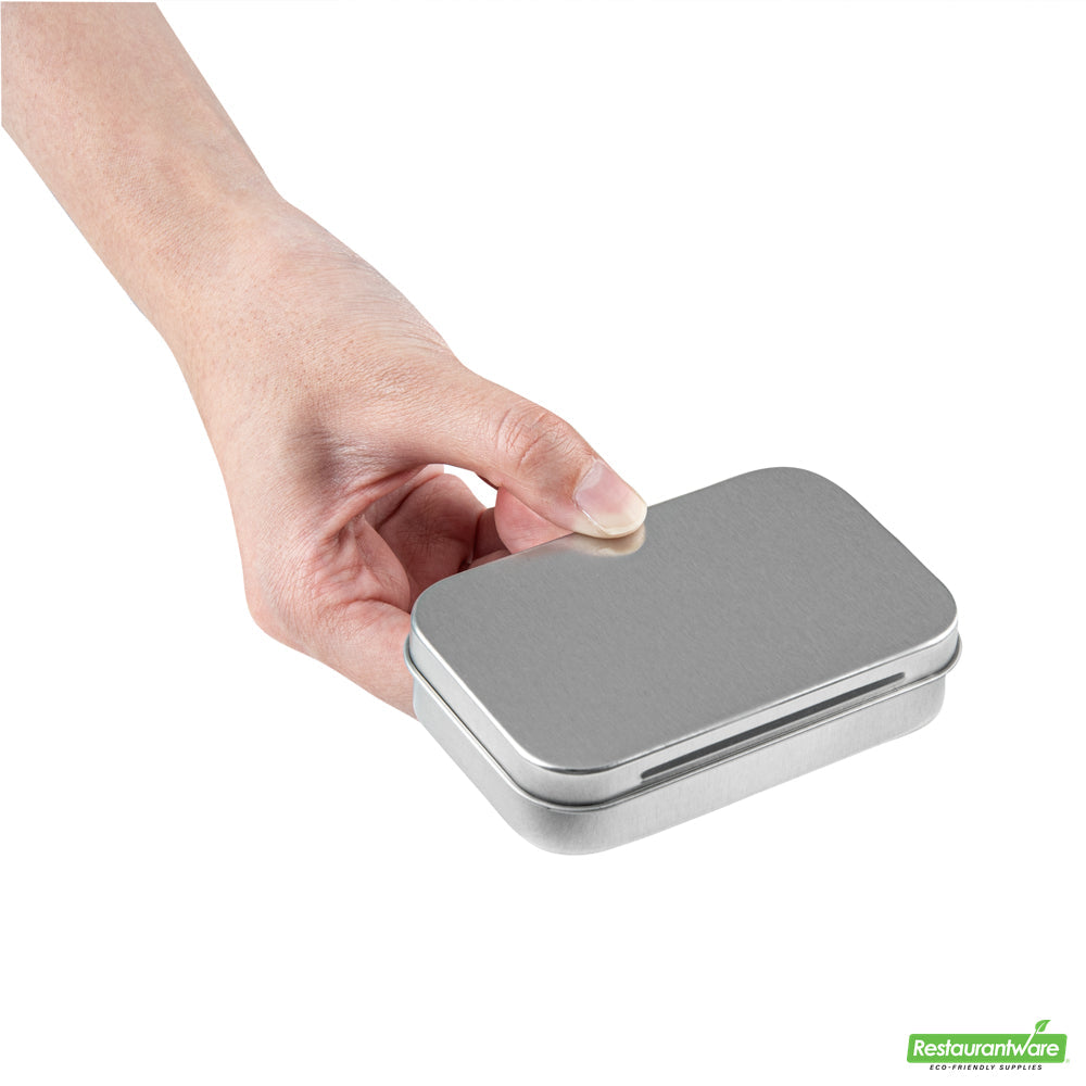 Wholesale Restaurantware RW Base 4 oz Rectangle Silver Tin Container - with Hinged Lid- Bulk