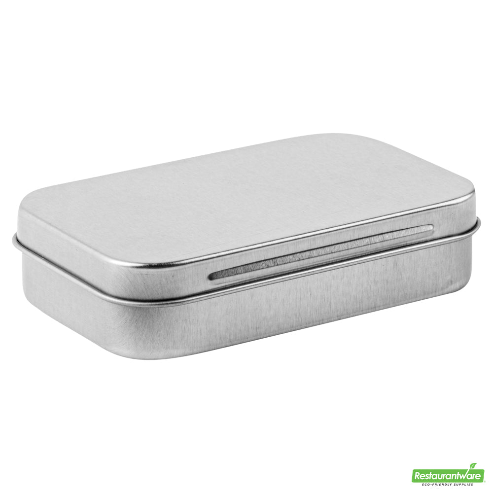 Wholesale Restaurantware RW Base 4 oz Rectangle Silver Tin Container - with Hinged Lid- Bulk