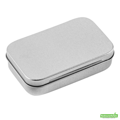 Wholesale Restaurantware RW Base 4 oz Rectangle Silver Tin Container - with Hinged Lid- Bulk