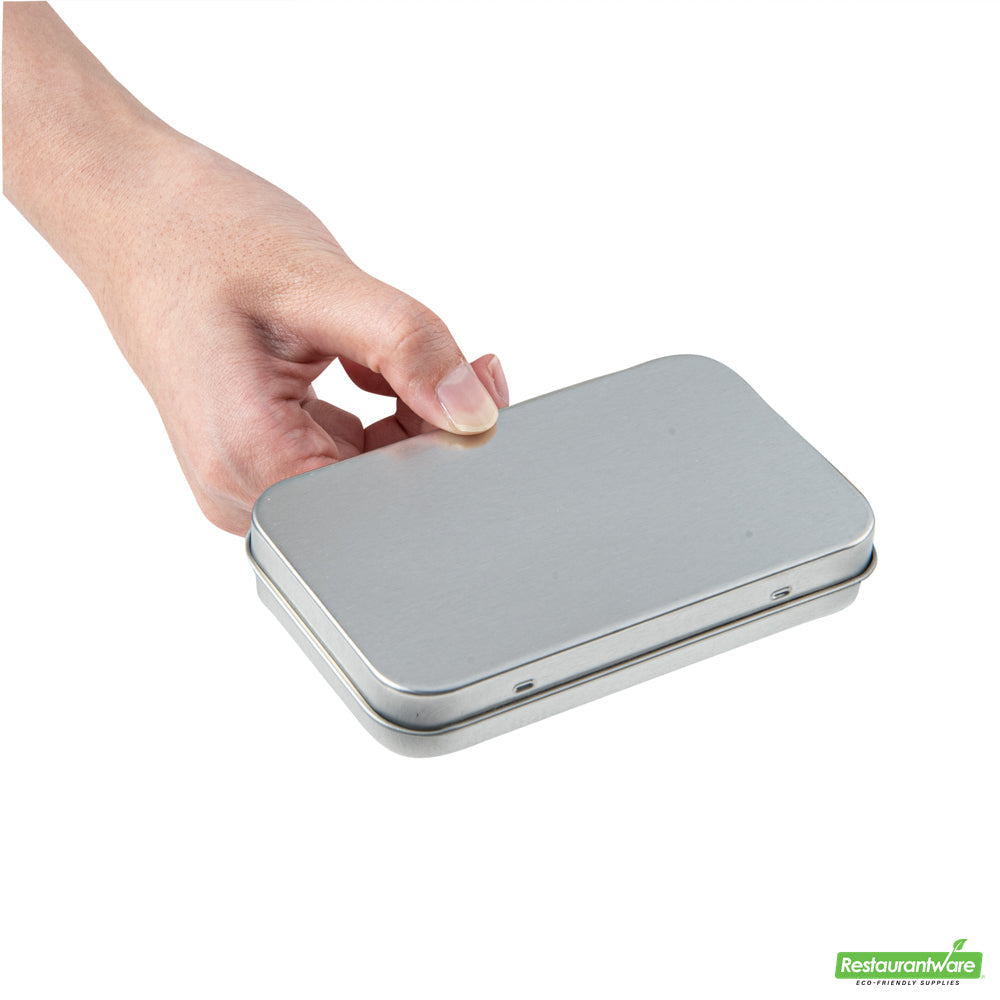 Wholesale Restaurantware RW Base 6 oz Rectangle Silver Tin Container - with Hinged Lid- Bulk
