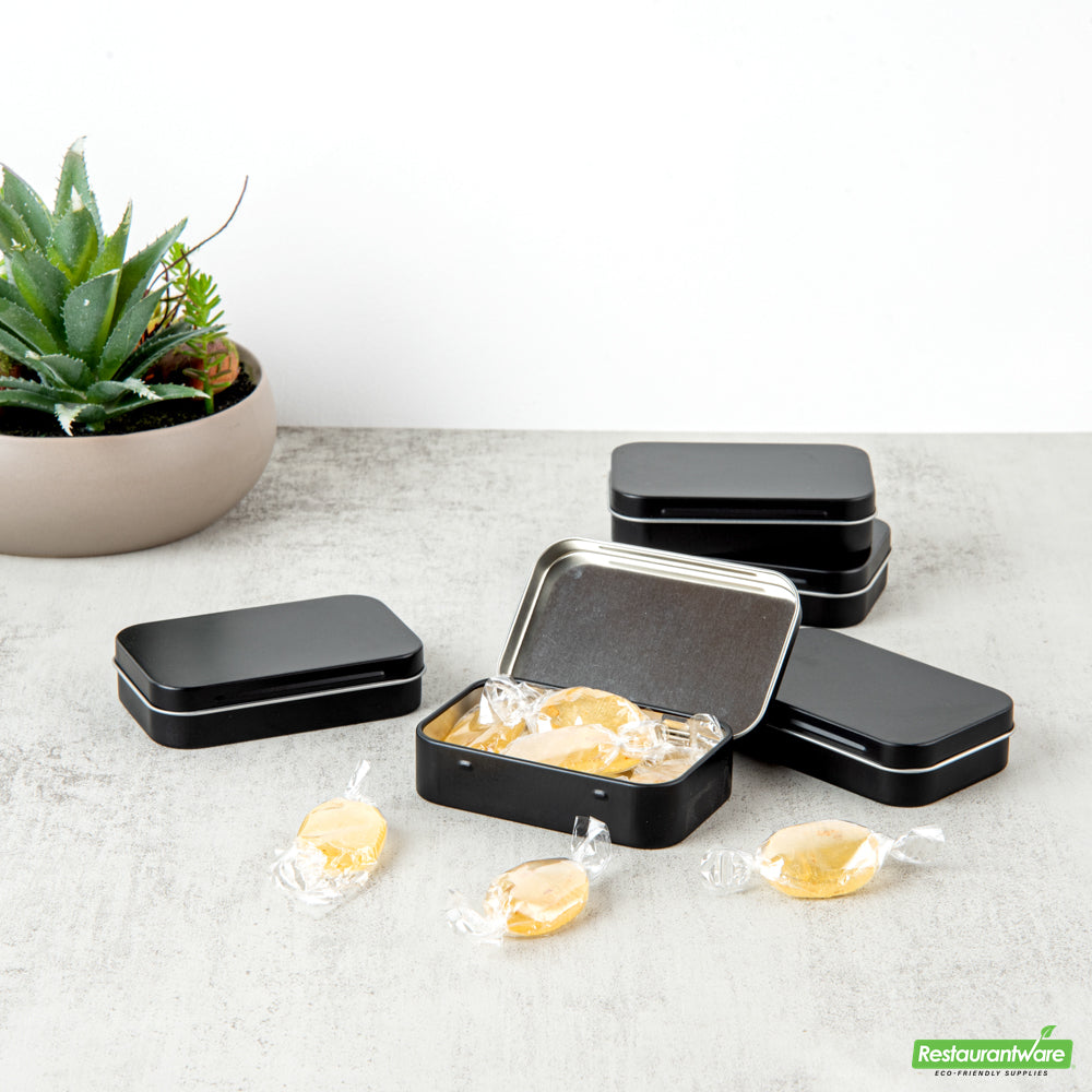 Wholesale Restaurantware RW Base 4 oz Rectangle Black Tin Container - with Hinged Lid- Bulk