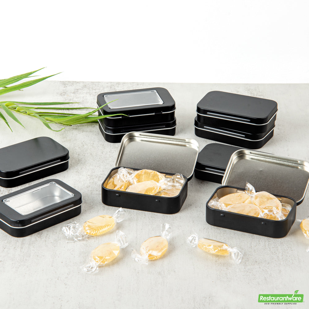 Wholesale Restaurantware RW Base 4 oz Rectangle Black Tin Container - with Hinged Lid- Bulk