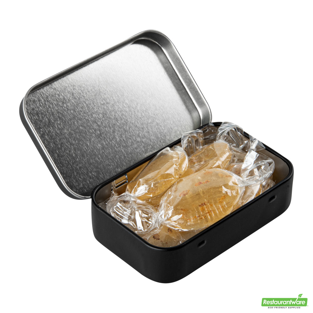 Wholesale Restaurantware RW Base 4 oz Rectangle Black Tin Container - with Hinged Lid- Bulk