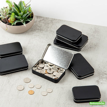 Wholesale Restaurantware RW Base 6 oz Rectangle Black Tin Container - with Hinged Lid- Bulk